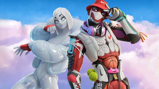 An image shows a woman made of a white material and a man made of Nike products in Fortnite. 
