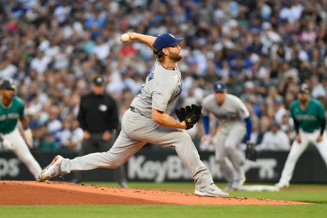 Sep 16, 2023; Seattle, Washington, USA; Los Angeles Dodgers starting pitcher Clayton Kershaw (22) throws against the Seattle Mariners during the first inning at T-Mobile Park.