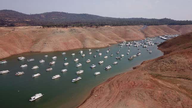 Houseboats sit in low water on Lake Oroville as California's drought emergency worsens.