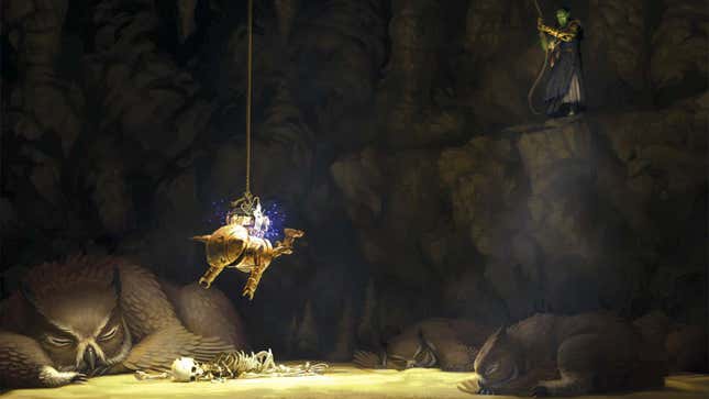 A goblin-like automaton is lowered down from a rope to secure treasure guarded by a sleeping owlbear.