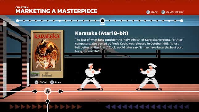 Ein Menübildschirm aus „The Making of Karateka“ zeigt zwei einander gegenüberstehende Figuren, während der Text die Atari 8-Bit-Version von Karateka beschreibt.