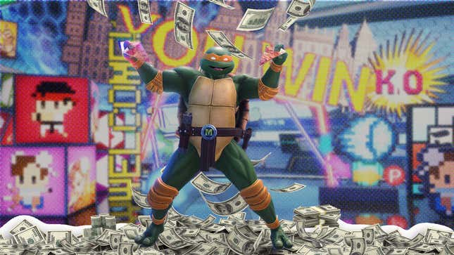 Michelangelo stands on a pile of cash. 