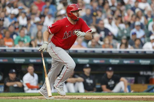 Jul 25, 2023; Detroit, Michigan, USA;  Los Angeles Angels first baseman Mike Moustakas (8) hits a single in the fifth inning against the Detroit Tigers at Comerica Park.