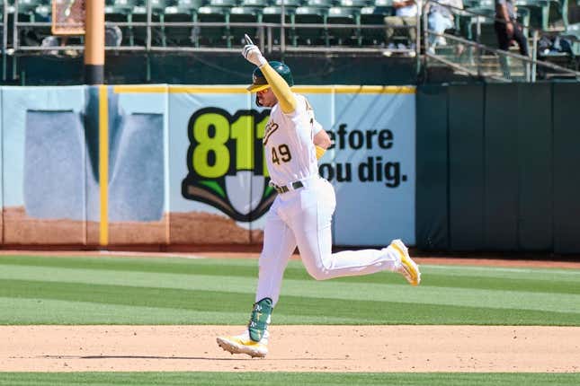 Sep 3, 2023; Oakland, California, USA; Oakland Athletics infielder Ryan Noda (49) reacts while running the bases after hitting a two run home run against the Los Angeles Angels during the sixth inning at Oakland-Alameda County Coliseum.