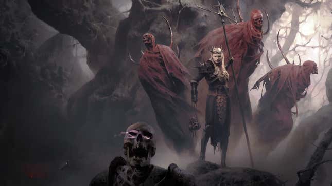 Diablo IV's Necromancer is standing in front of three floating warriors clad in red-hooded cloaks. 
