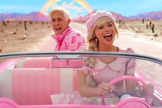 This image released by Warner Bros. Pictures shows Ryan Gosling, left, and Margot Robbie in a scene from &quot;Barbie.&quot; (Warner Bros. Pictures via AP)