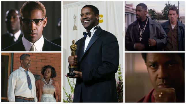 Clockwise from top left: Malcolm X (Warner Bros.), Washington at the 74th Annual Academy Awards (Getty/Frederick M. Brown) Training Day (Warner Bros/Screenshot), Remember The Titans (Buena Vista Pictures/Screenshot), Fences (Paramount). Graphic: The A.V. Club
