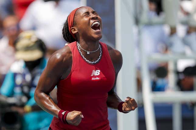 Aug 19, 2023; Mason, OH, USA; Coco Gauff (USA) reacts to winning the match over Iga Swiatek (POL) during the Western and Southern Open tennis tournament at Lindner Family Tennis Center.