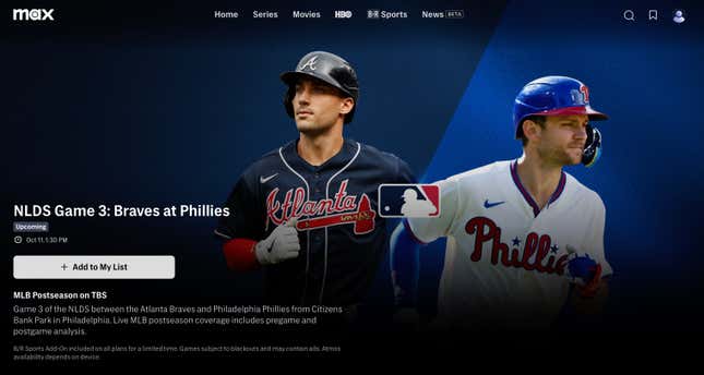 Landing page of Max's new sports tier
