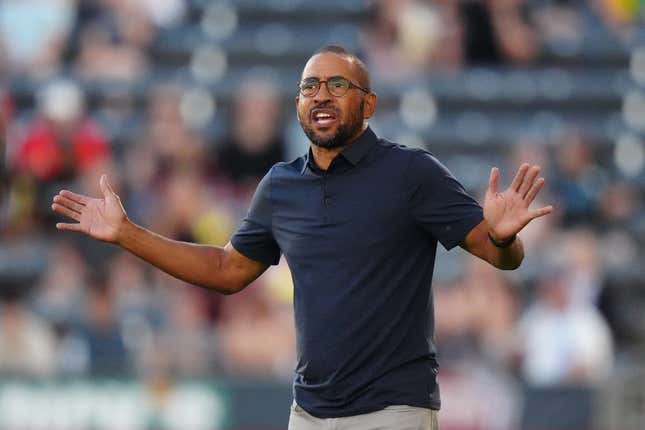 Jul 15, 2023; Commerce City, Colorado, USA; Colorado Rapids head coach Robin Fraser reacts during the first half against the Houston Dynamo FC at Dick&#39;s Sporting Goods Park.