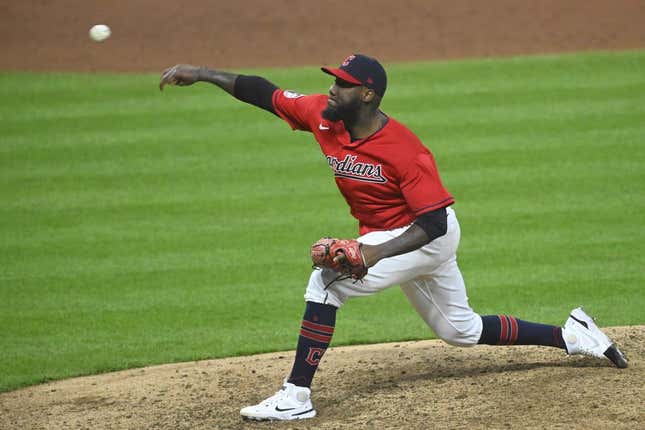 Apr 8, 2023; Cleveland, Ohio, USA; Cleveland Guardians relief pitcher Enyel De Los Santos (62) delivers a pitch in the eighth inning against the Seattle Mariners at Progressive Field.