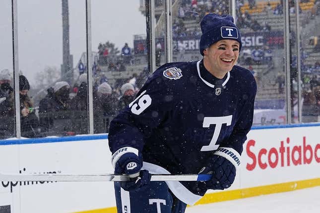 Mar 13, 2022; Hamilton, Ontario, CAN; Toronto Maple Leafs forward Jason Spezza (19) warms up against the Buffalo Sabres in the 2022 Heritage Classic ice hockey game at Tim Hortons Field.