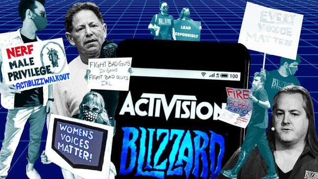 A collage of images related to the Activision Blizzard lawsuits.