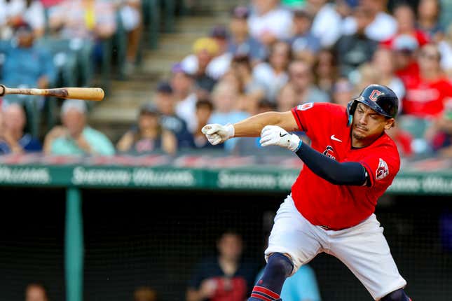 Cleveland Guardians first baseman Josh Naylor loses his bat on a swing