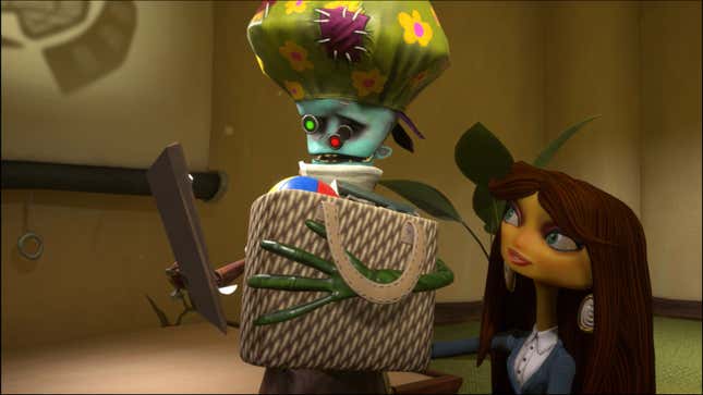 A screenshot from Psychonauts  2 shows Milla and Dr. Loboto having a conversation.