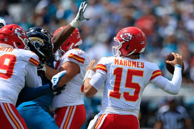 Kansas City Chiefs quarterback Patrick Mahomes (15) looks to pass during the second quarter of a NFL football game Sunday, Sept. 17, 2023 at EverBank Stadium in Jacksonville, Fla. The Kansas City Chiefs defeated the Jacksonville Jaguars 17-9. [Corey Perrine/Florida Times-Union]