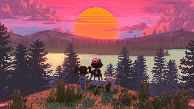 The main characters and their cat look out at a pink-tinged sunset.