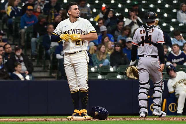 May 25, 2023; Milwaukee, Wisconsin, USA; Milwaukee Brewers shortstop Willy Adames (27) reacts after striking out in the sixth inning during game against the San Francisco Giants at American Family Field.