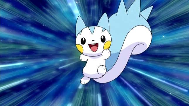 Pachirisu is shown smiling as it jumps in the air.