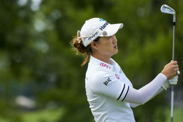 Sep 9, 2023; Cincinnati, Ohio, USA; Minjee Lee, of Perth, Australia, lowers her club after hitting an approach shot on the first hole at the 2023 Kroger Queen City Championship presented by P&amp;amp;G at Kenwood Country Club.