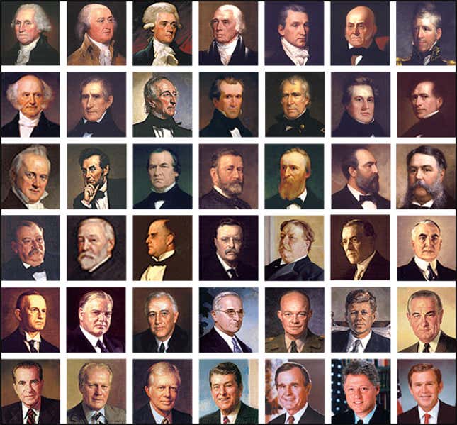 Implicated in the presidential-lying scandal are George Washington, John Adams, Thomas Jefferson, James Madison, James Monroe, John Quincy Adams, Andrew Jackson, Martin Van Buren, William Henry Harrison, John Tyler, James K. Polk, Zachary Taylor, Millard Fillmore, Franklin Pierce, James Buchanan, Abraham Lincoln, Andrew Johnson, Ulysses S. Grant, Rutherford B. Hayes, James Garfield, Chester Arthur, Grover Cleveland, Benjamin Harrison, William McKinley, Theodore Roosevelt, William H. Taft, Woodrow Wilson, Warren Harding, Calvin Coolidge, Herbert Hoover, Franklin Roosevelt, Harry Truman, Dwight Eisenhower, John Kennedy, Lyndon Johnson, Richard Nixon, Gerald Ford, Jimmy Carter, Ronald Reagan, George Bush, Bill Clinton, and George W. Bush.