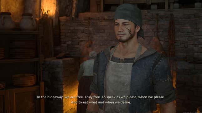 A supporting character in FFXVI, marked as a Bearer by a brand on his face, says "In the hideaway, we are free. Truly free. To speak as we please, when we please. And to eat what and when we desire."