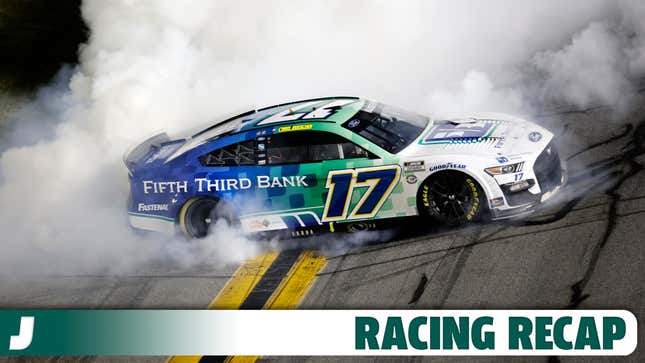 Chris Buescher, driver of the #17 Fifth Third Bank Ford, celebrates with a burnout after winning the NASCAR Cup Series Coke Zero Sugar 400 at Daytona International Speedway on August 26, 2023 in Daytona Beach, Florida.