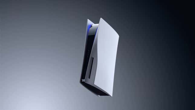 A PlayStation 5 floats in the air.