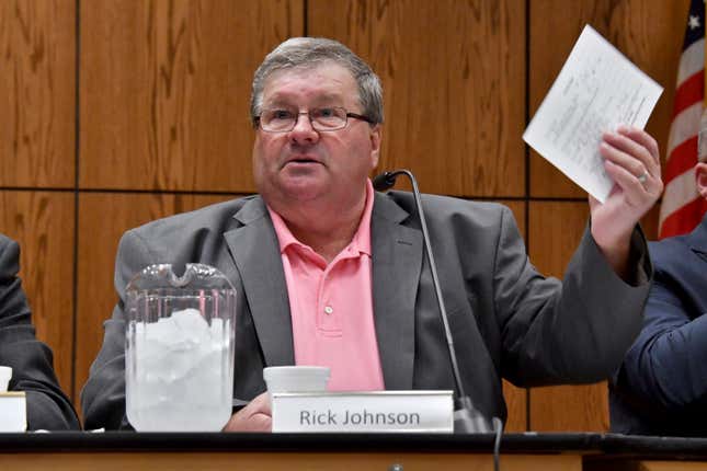 FILE - Rick Johnson chairs the committee as it meets before a capacity crowd in Lansing, Mich., June 26, 2017, at the first open meeting of the Michigan Medical Marijuana Board. Federal authorities said Thursday, April 6, 2023, that Johnson, the former head of a Michigan medical marijuana licensing board, accepted more than $100,000 in bribes and has agreed to plead guilty. (Dale G Young/Detroit News via AP, File)