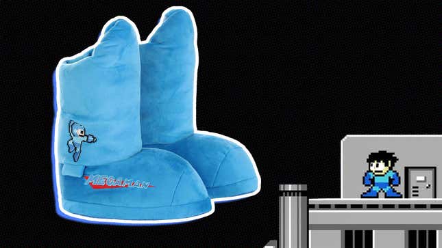 An image shows Mega Man looking at the new slippers on top of a roof. 