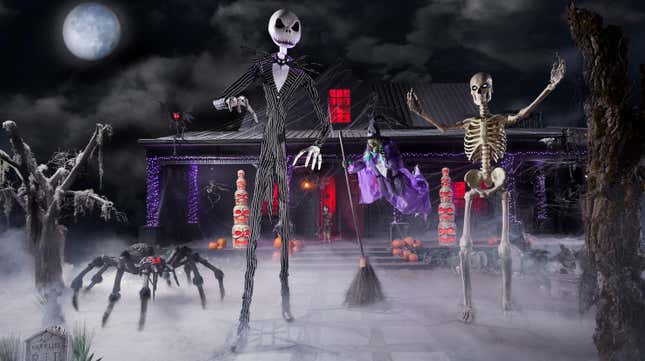 Jack Skellington 13 ft. giant and 12. ft Skelly the skeleton with spider and haunted house