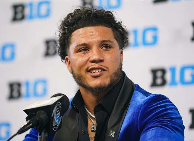 Jul 27, 2023; Indianapolis, IN, USA;  Michigan Wolverines running back Blake Corum speaks to the media during the Big 10 football media day at Lucas Oil Stadium.
