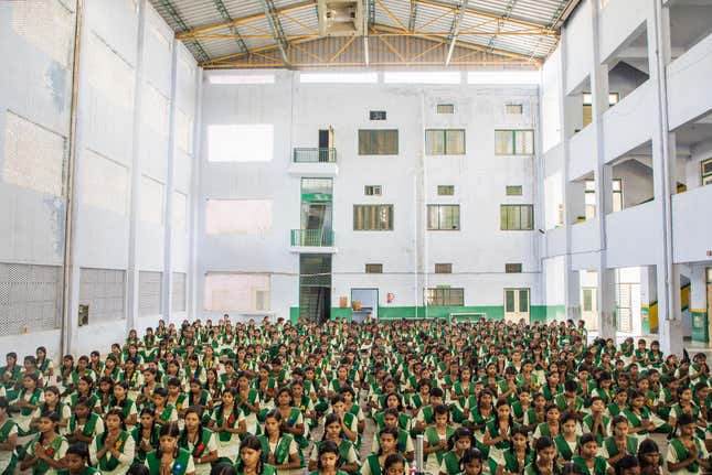 A morning assembly at Pardada Pardadi. In celebration of World Yoga Day, the school organized a week of daily one-hour yoga sessions for the students.