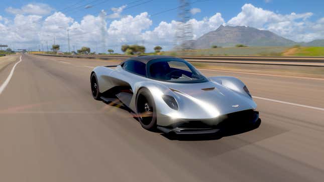 An Aston Martin Valhalla, one of the best cars in Forza Horizon 5, speeds down the highway.