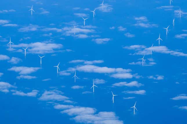 A wind farm in the North Sea is seen from onboard a plane on April 17, 2023 in flight