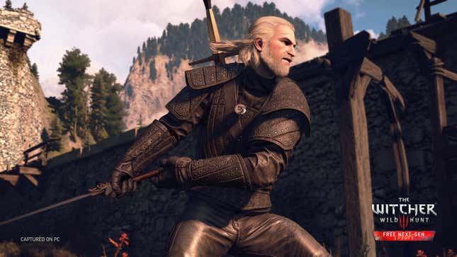 Geralt swings a sword in the next-gen update to The Witcher 3: Wild Hunt, released in 2022 for platforms like PC and PS5.