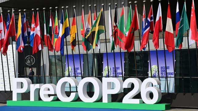 A general view shows the Milan Conference Centre, MiCO, set for the Pre-COP 26 summit on September 30, 2021.