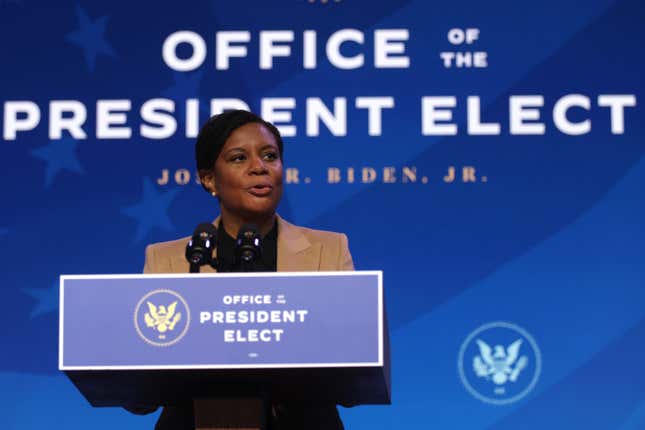 WILMINGTON, DELAWARE - JANUARY 16: Alondra Nelson, President-elect Joe Biden’s pick for OSTP Deputy Director for Science and Society, speaks during an announcement January 16, 2021 at the Queen theater in Wilmington, Delaware.