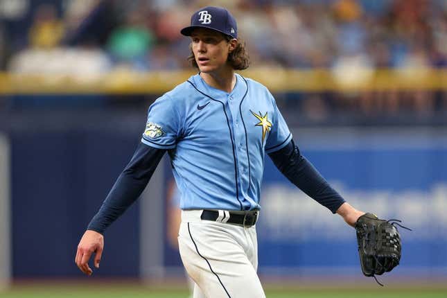 Jun 25, 2023; St. Petersburg, Florida, USA;  Tampa Bay Rays starting pitcher Tyler Glasnow (20) reacts after a striking out against the Kansas City Royals in the fourth inning at Tropicana Field.