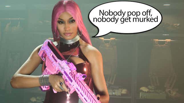 Nicki Minaj appears in Call of Duty, with a speech bubble featuring a lyric from her feature on "Familia."