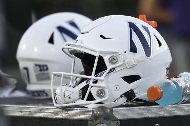 Sep 18, 2021; Durham, North Carolina, USA; A Northwestern Wildcats helmet sits on an equipment chest during the fourth quarter at Wallace Wade Stadium.