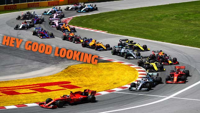A photo of the Formula 1 grid racing its first lap of the 2019 Canadian Grand prix
