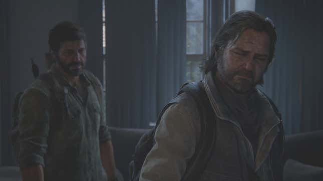 Bill and Joel are seen in a dark room looking sadly at Frank's body on the ground off-camera.