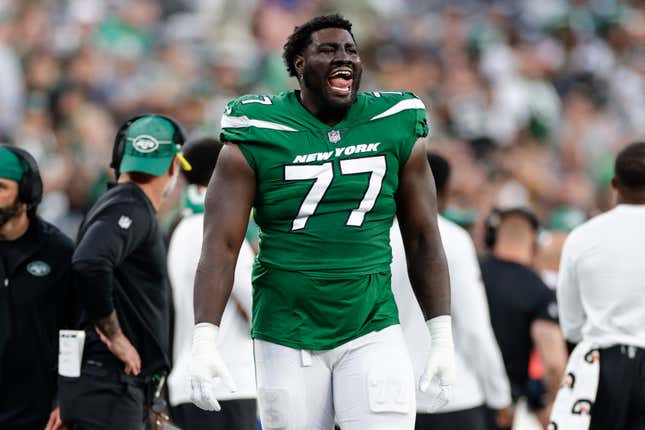 Mekhi Becton will need to be a formidable presence for the Jets if Aaron Rodgers hopes to remain upright.