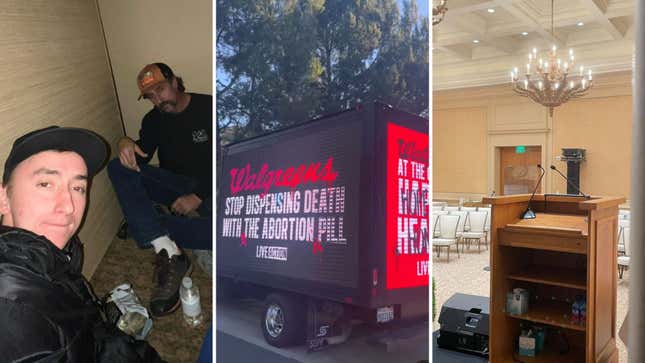 Protesters, including “Pro-Life Spiderman” (pictured on the left,) hid inside the closet before sneaking out behind the podium.