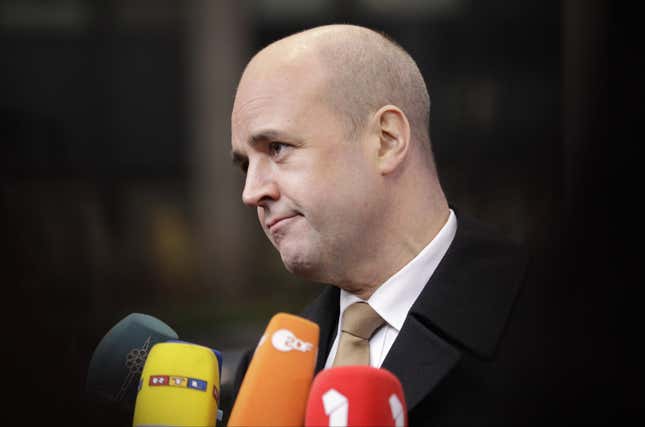 Sweden&#039;s Prime Minister Fredrik Reinfeldt arrives for an EU summit in Brussels on Monday, Jan. 30, 2012. European leaders will try to come up with ways to boost growth despite steep budget cuts across the continent when they meet in Brussels on Monday. The 27 heads of state and government will get a taste of the popular frustration with austerity and high unemployment as they try to get to the summit in a city paralyzed by strikes. (AP Photo/Frank Augstein