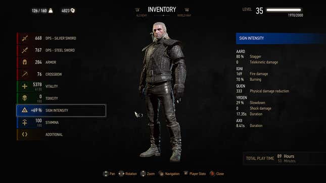 A screenshot of The Witcher 3 shows Geralt's various stats.