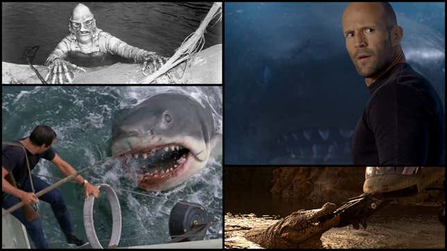 Clockwise from top left: Creature From The Black Lagoon (Photo: Bettmann/Getty Images); The Meg (Photo: Warner Bros.); Lake Placid (Screenshot: 20th Century Studios); Jaws (Screenshot: Universal Pictures)