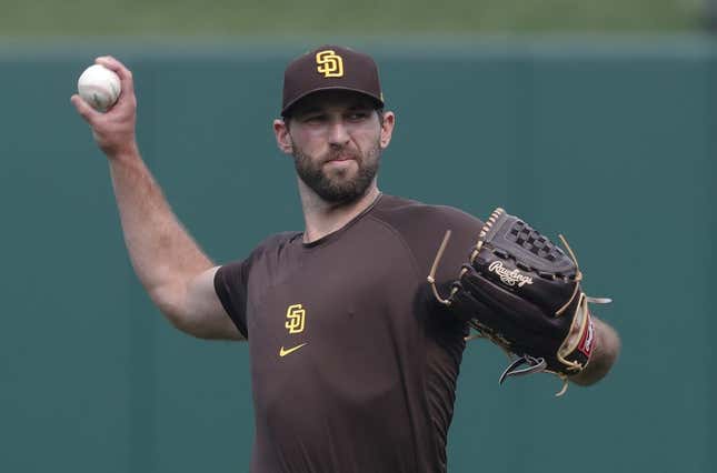 Jun 28, 2023; Pittsburgh, Pennsylvania, USA;  San Diego Padres pitcher Michael Wacha (52) throws in the outfield before the game against the Pittsburgh Pirates at PNC Park.