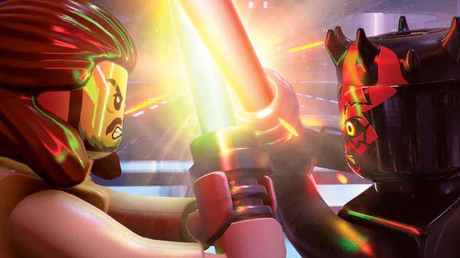 A screenshot shows two Lego characters from Star Wars fighting with lightsabers. 